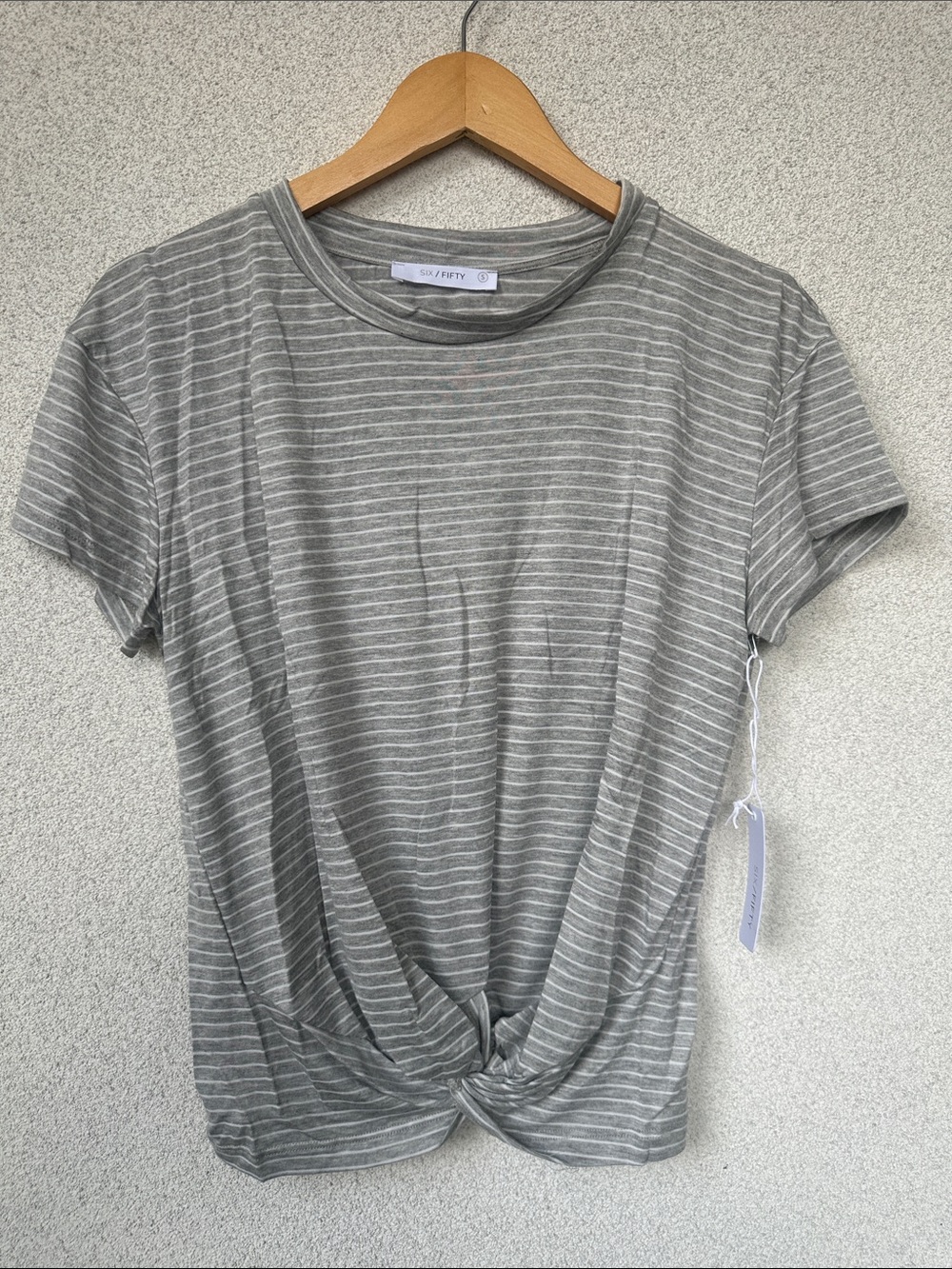 Six/Fifty Gray Stripe Twist Hem Tee | Short Sleeve | Knot Front Detail | NWT | S